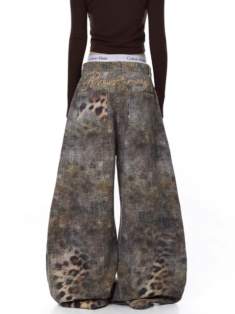 Distressed Leopard Wide-Leg Denim
