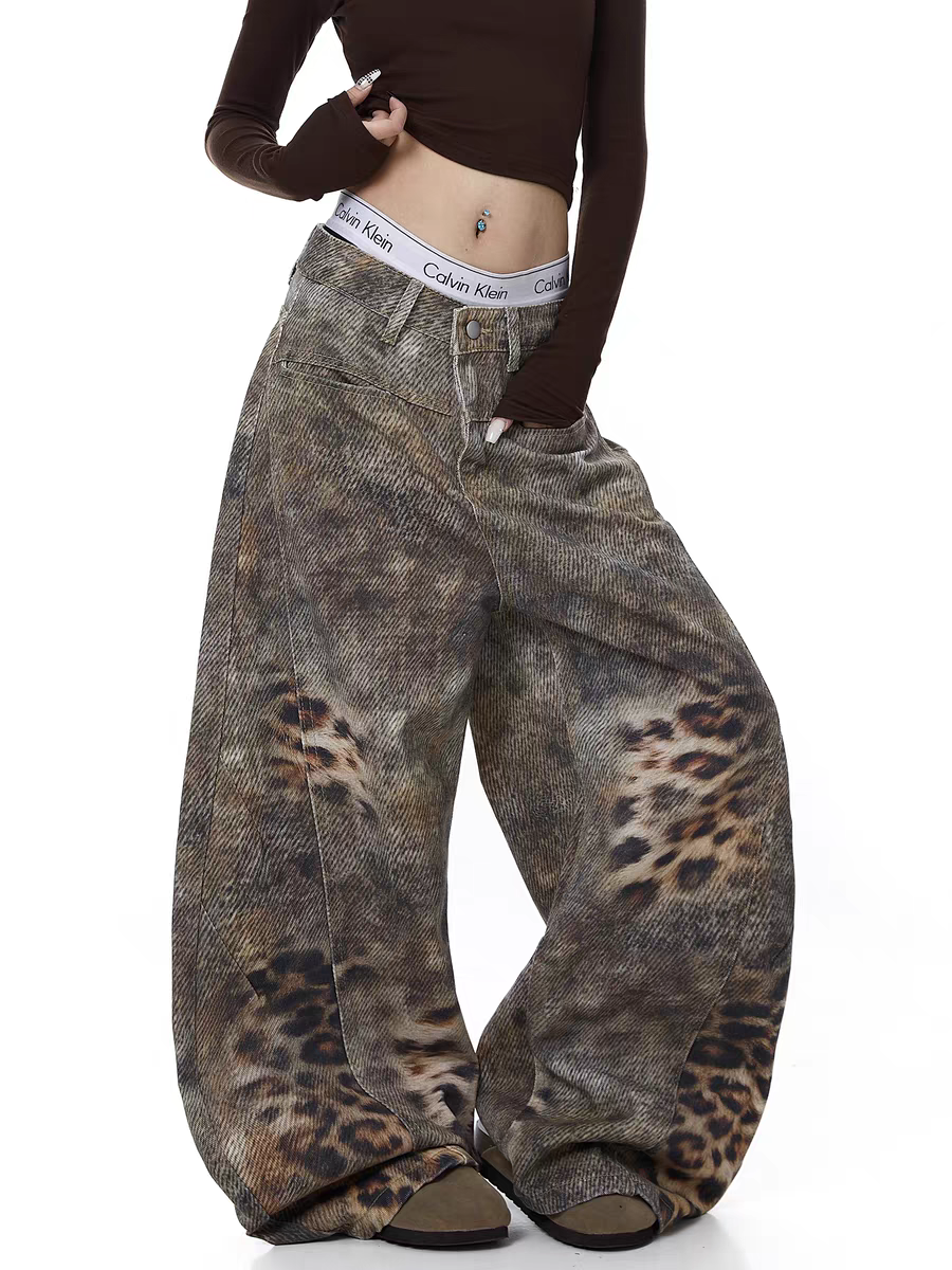 GKIKZ DISTRESSED LEOPARD WIDE-LEG DENIM