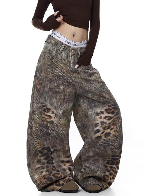 Distressed Leopard Wide-Leg Denim