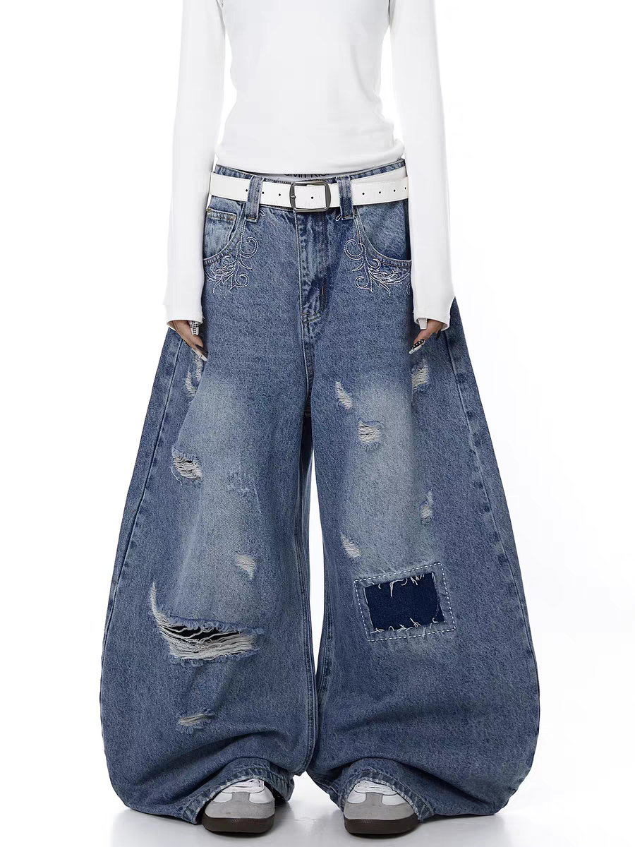 Curved Blade Distressed Wide-Leg Heavy Denim