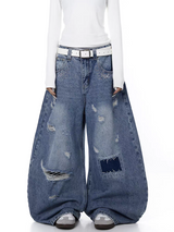 Curved Blade Distressed Wide-Leg Heavy Denim