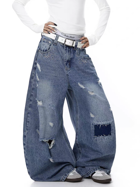 Curved Blade Distressed Wide-Leg Heavy Denim
