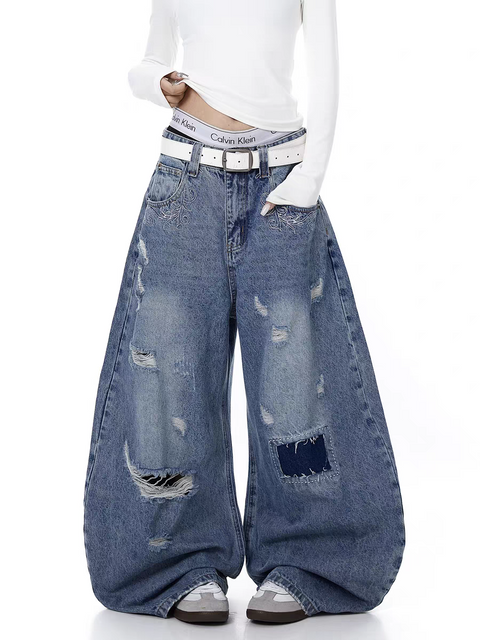 Curved Blade Distressed Wide-Leg Heavy Denim