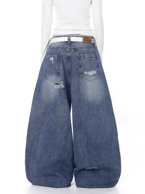Curved Blade Distressed Wide-Leg Heavy Denim