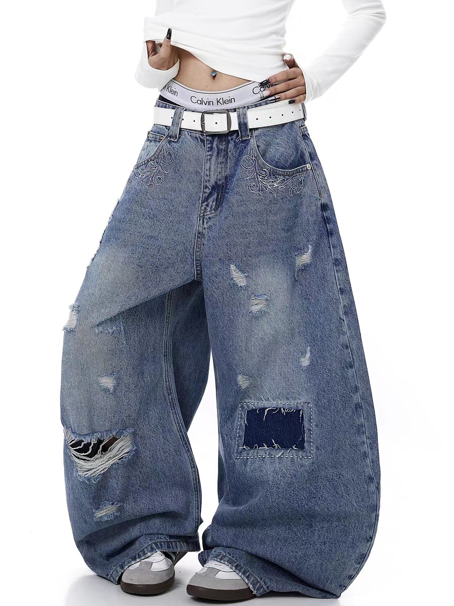 Curved Blade Distressed Wide-Leg Heavy Denim