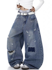 Curved Blade Distressed Wide-Leg Heavy Denim
