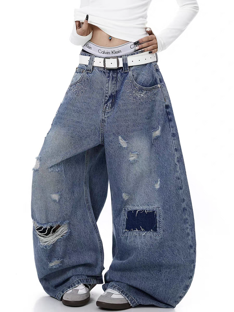 Curved Blade Distressed Wide-Leg Heavy Denim
