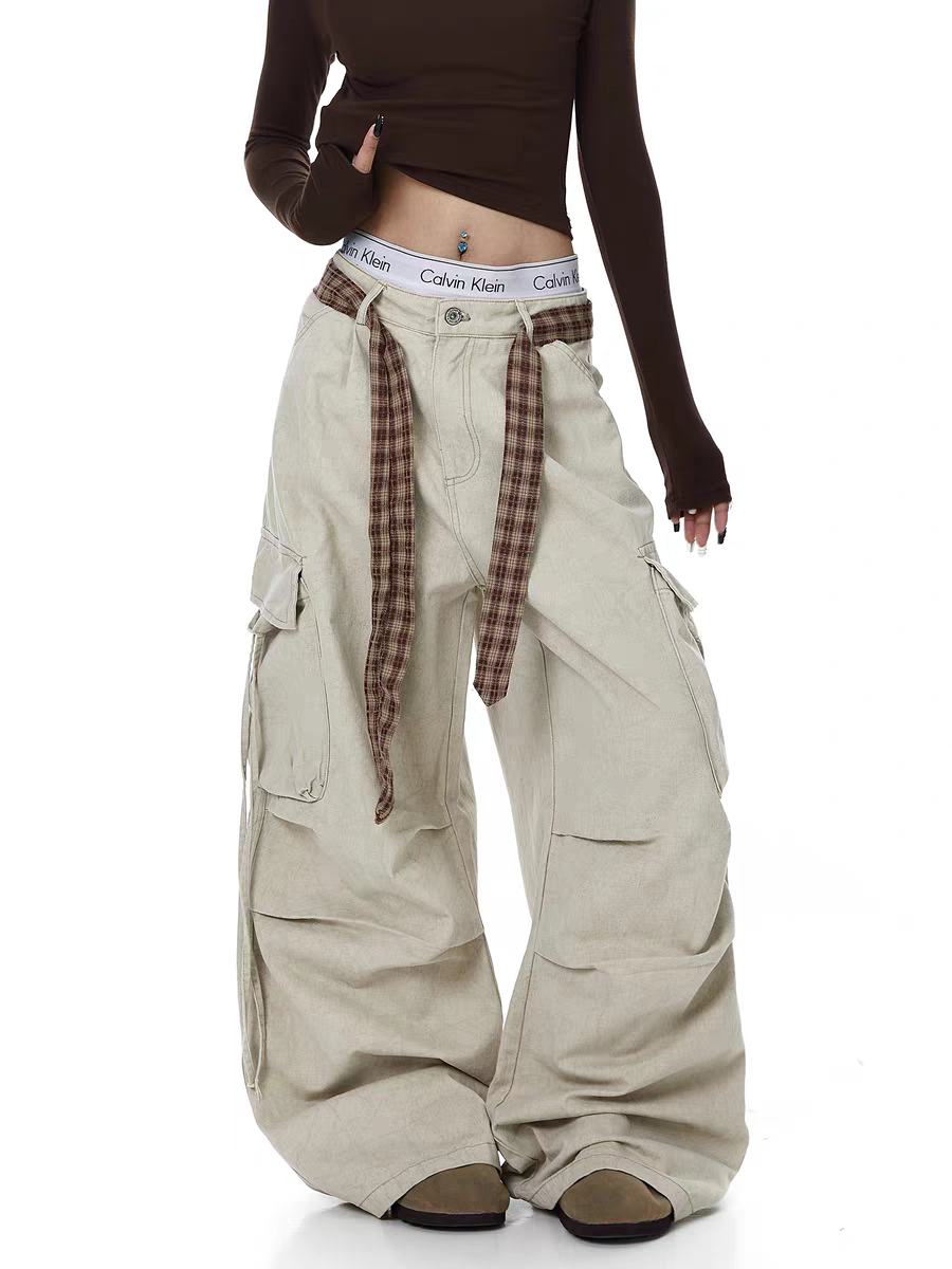 GKIKZ PLAID BELTED WIDE-LEG PANTS