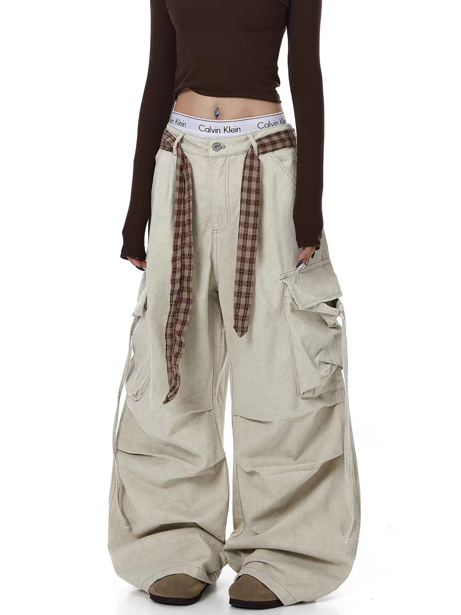 GKIKZ PLAID BELTED WIDE-LEG PANTS