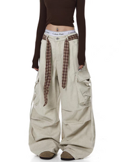 GKIKZ PLAID BELTED WIDE-LEG PANTS