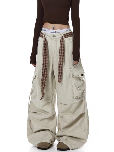 Plaid Belted Wide-Leg Pants