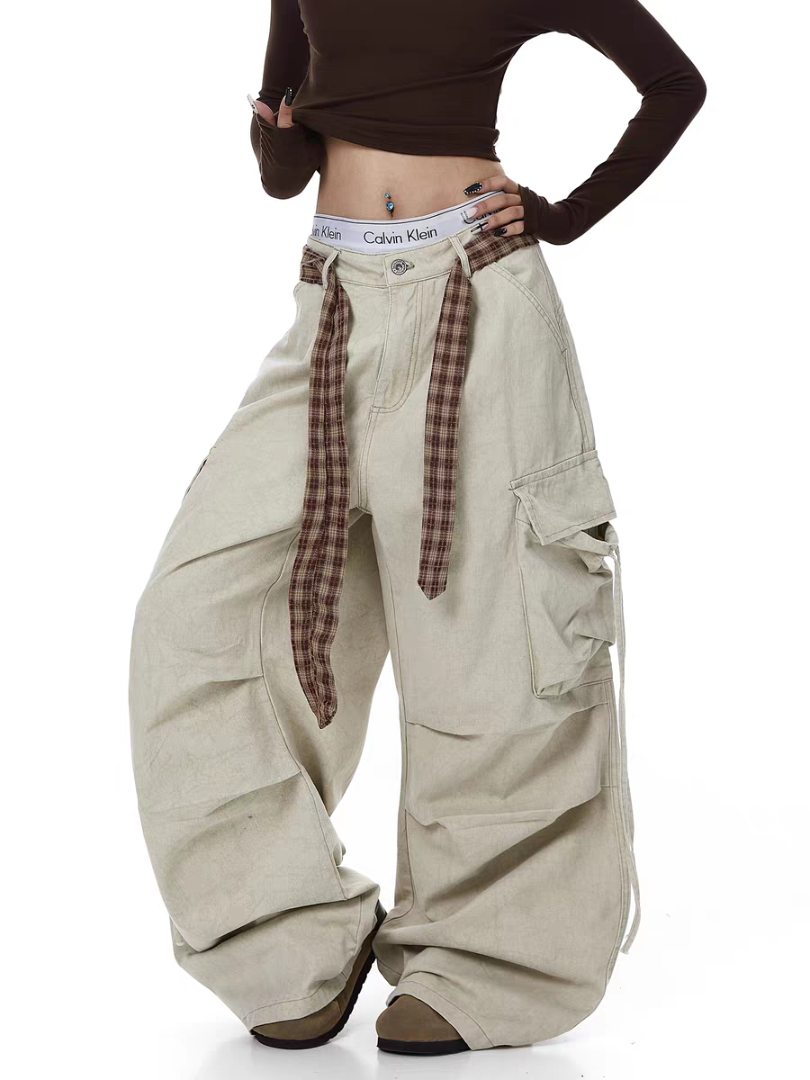 GKIKZ PLAID BELTED WIDE-LEG PANTS