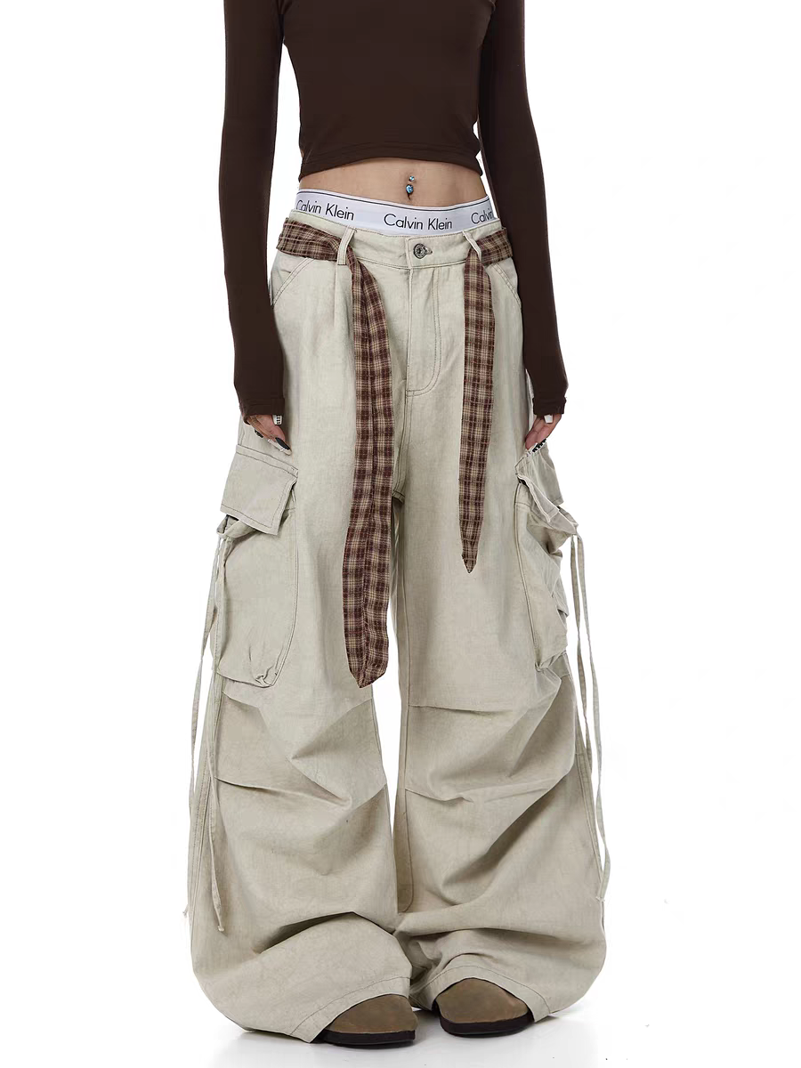 GKIKZ PLAID BELTED WIDE-LEG PANTS