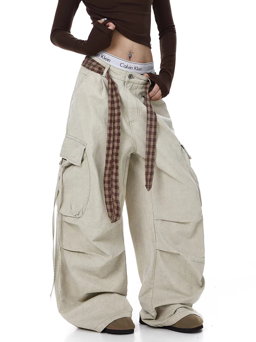 GKIKZ PLAID BELTED WIDE-LEG PANTS