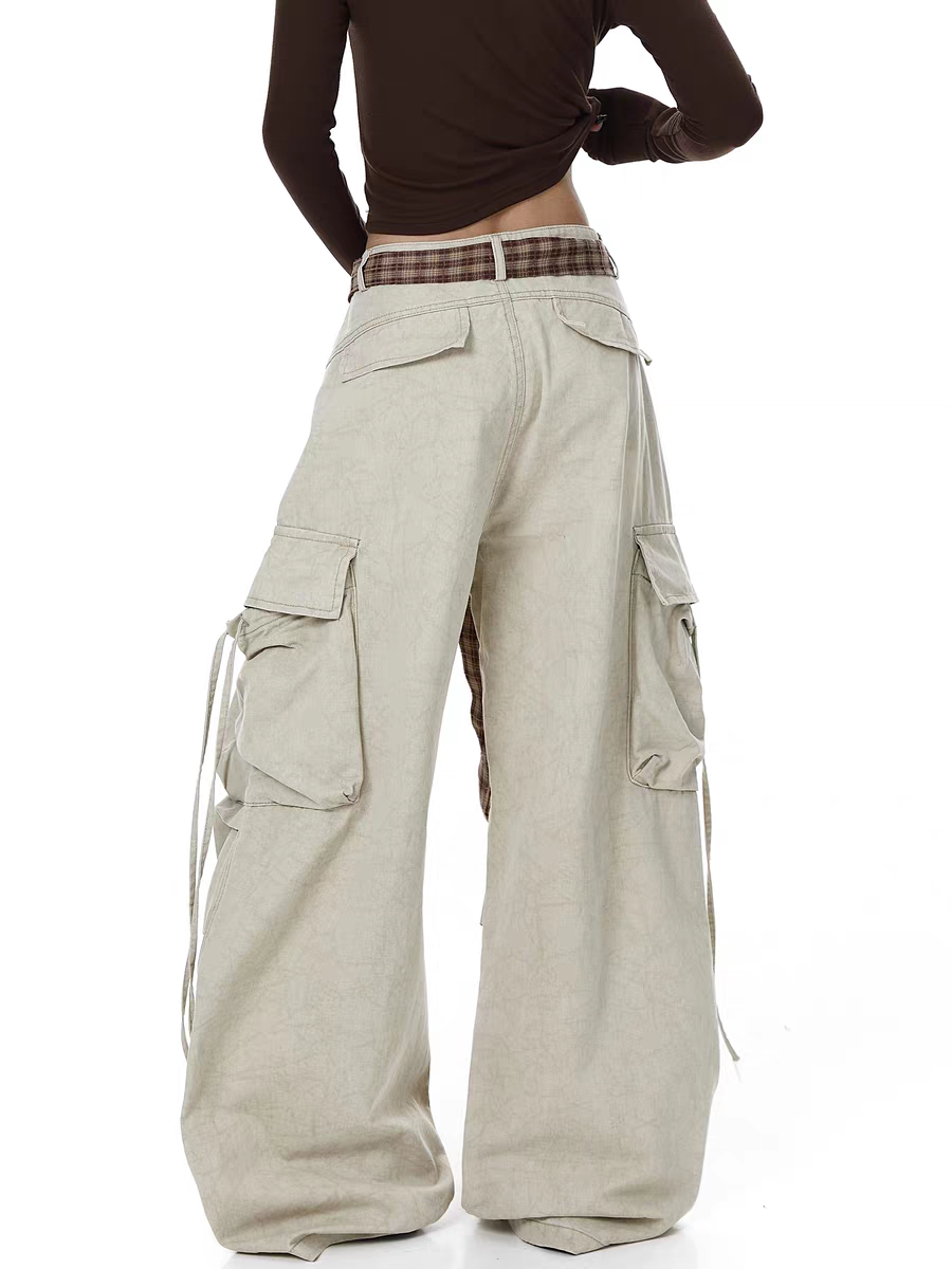 GKIKZ PLAID BELTED WIDE-LEG PANTS