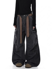 GKIKZ PLAID BELTED WIDE-LEG PANTS