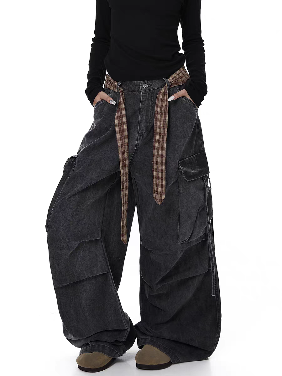 GKIKZ PLAID BELTED WIDE-LEG PANTS