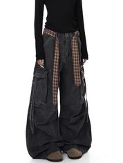 GKIKZ PLAID BELTED WIDE-LEG PANTS