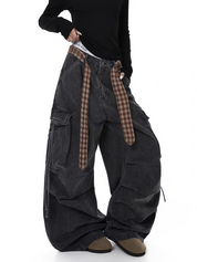 GKIKZ PLAID BELTED WIDE-LEG PANTS