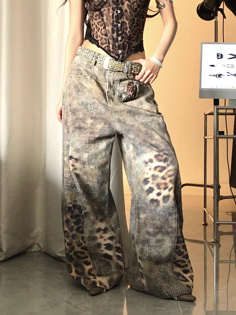 Distressed Leopard Wide-Leg Denim