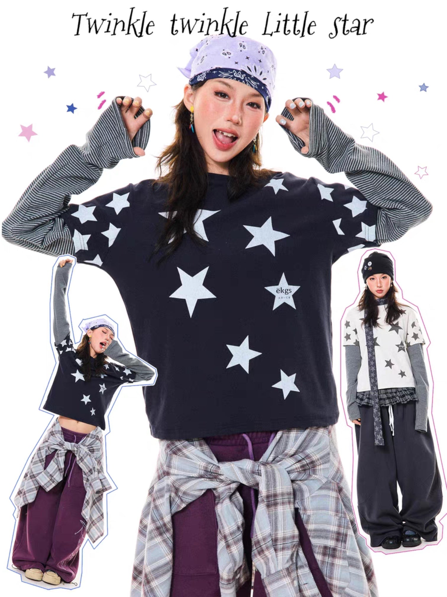 GKIKZ Y2K STAR PRINT TWO-PIECE LONG-SLEEVE TEES
