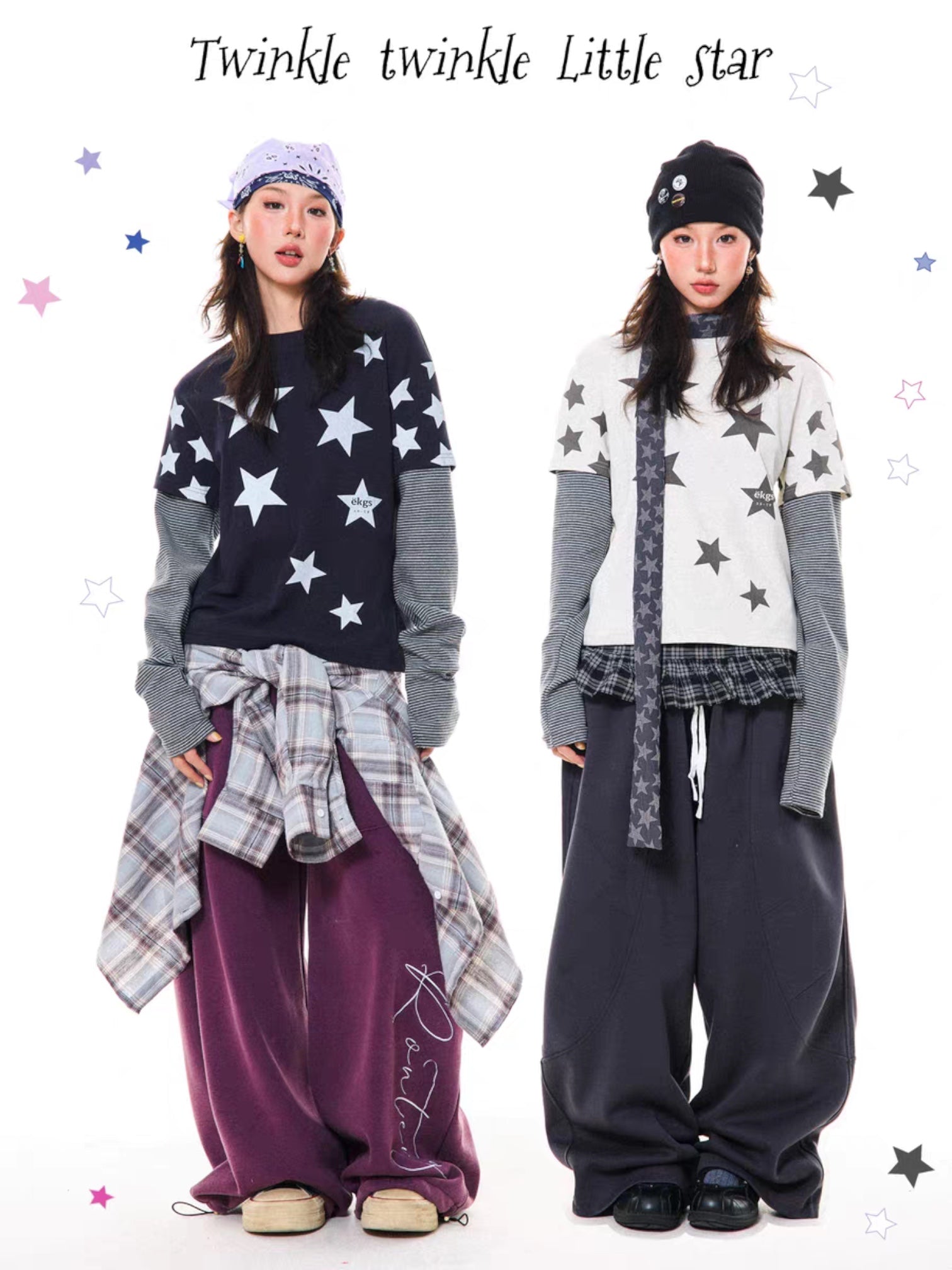 GKIKZ Y2K STAR PRINT TWO-PIECE LONG-SLEEVE TEES