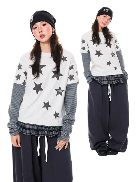 GKIKZ Y2K STAR PRINT TWO-PIECE LONG-SLEEVE TEES