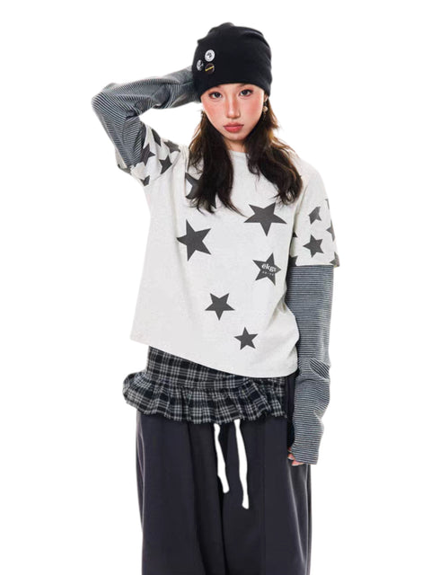 GKIKZ Y2K STAR PRINT TWO-PIECE LONG-SLEEVE TEES
