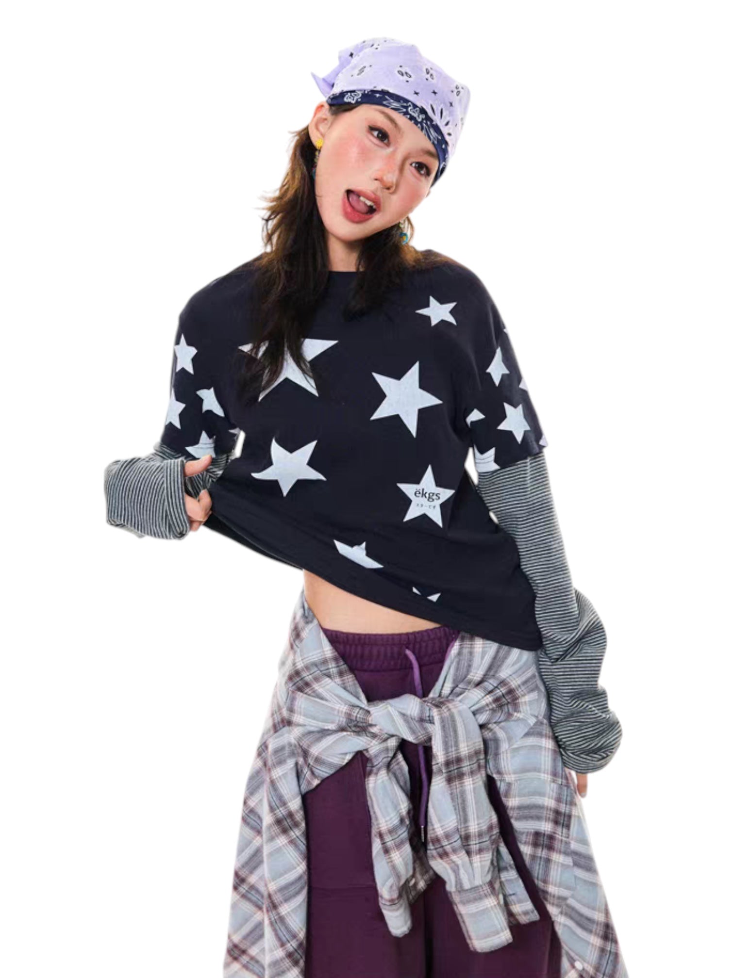 GKIKZ Y2K STAR PRINT TWO-PIECE LONG-SLEEVE TEES
