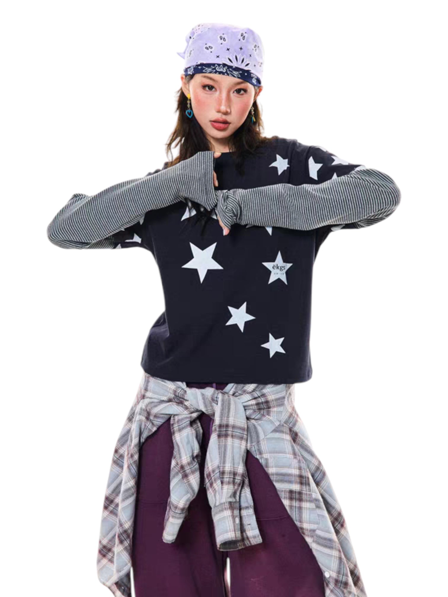 GKIKZ Y2K STAR PRINT TWO-PIECE LONG-SLEEVE TEES