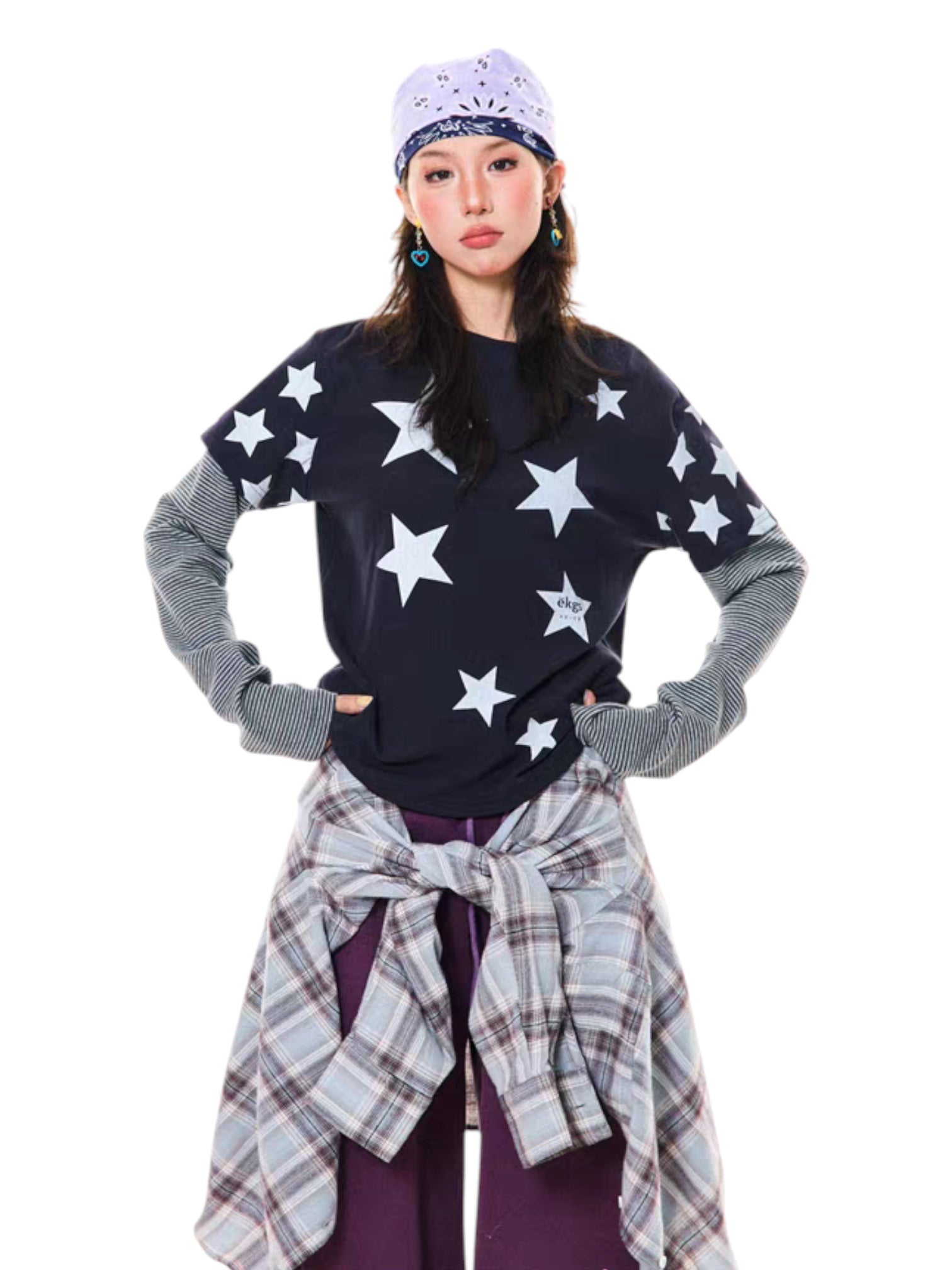 GKIKZ Y2K STAR PRINT TWO-PIECE LONG-SLEEVE TEES