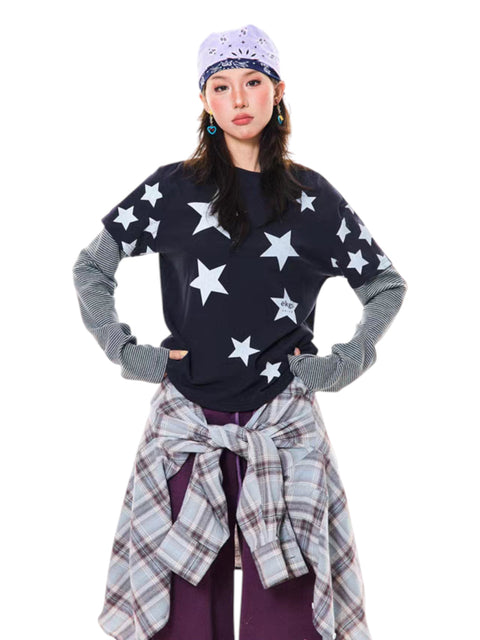 GKIKZ Y2K STAR PRINT TWO-PIECE LONG-SLEEVE TEES