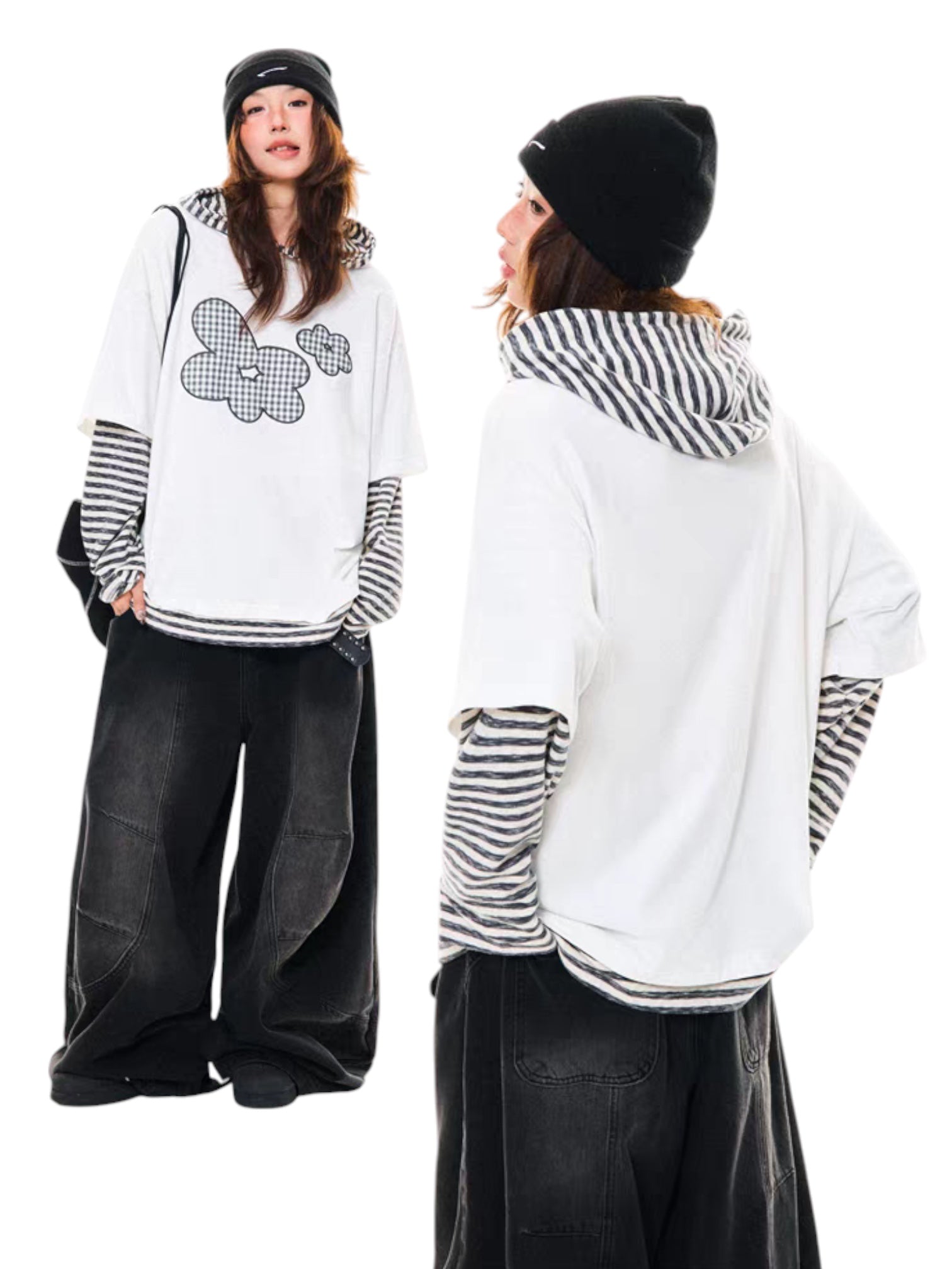 GKIKZ FLORAL EMBROIDERED STRIPED HOODIE