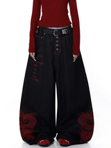 GKIKZ DRAGON EMBROIDERED BAGGY HEAVY DENIM JEANS