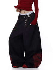 GKIKZ DRAGON EMBROIDERED BAGGY HEAVY DENIM JEANS