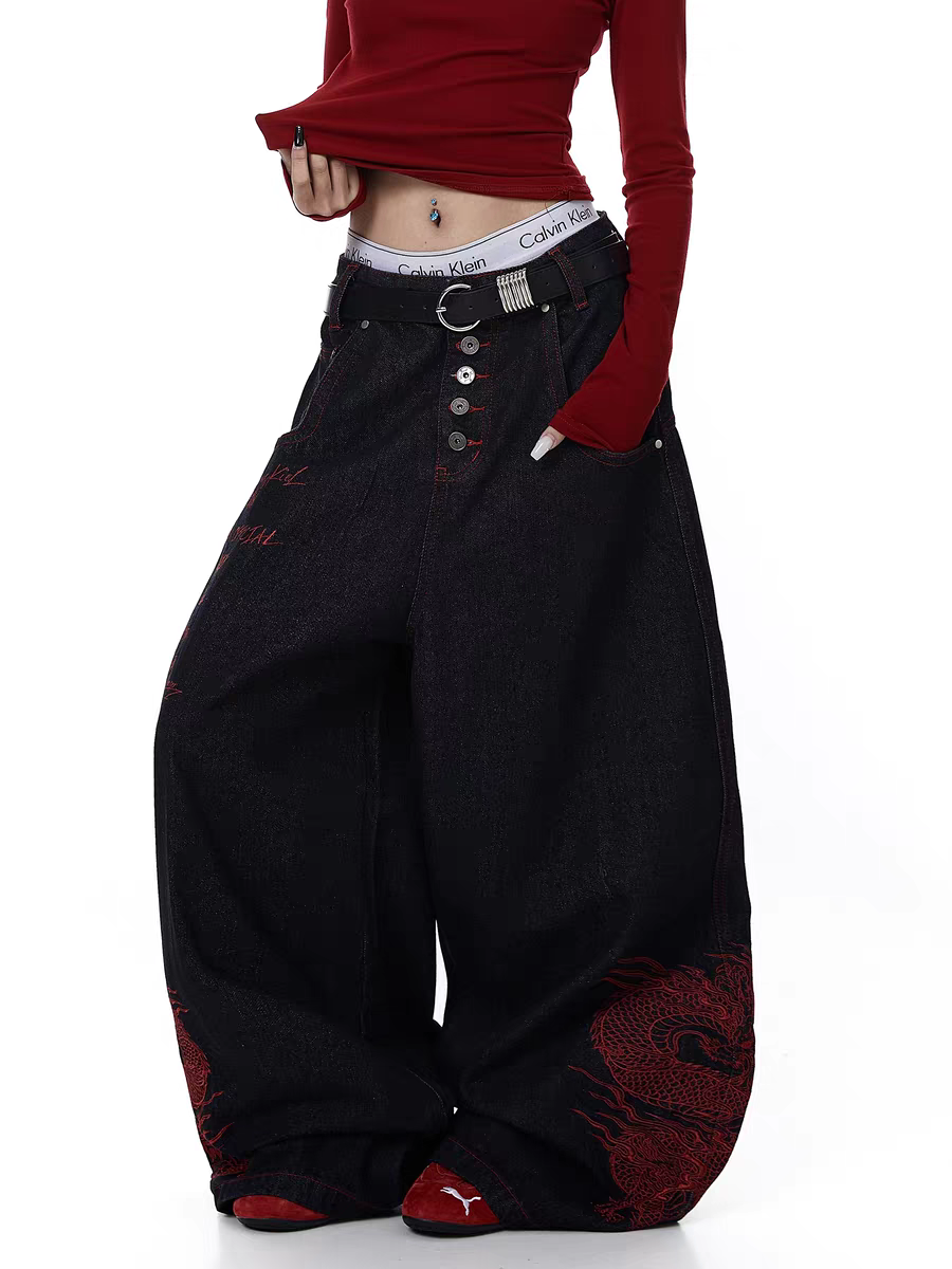Dragon Embroidered Baggy Heavy Denim Jeans
