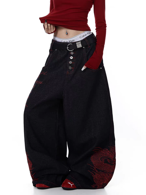 Dragon Embroidered Baggy Heavy Denim Jeans