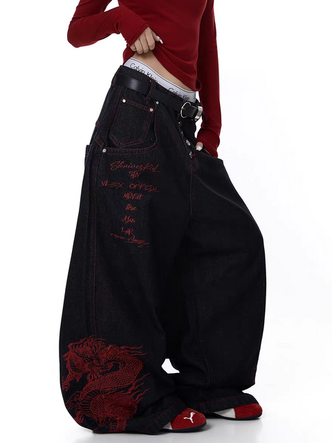 Dragon Embroidered Baggy Heavy Denim Jeans