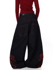 GKIKZ DRAGON EMBROIDERED BAGGY HEAVY DENIM JEANS