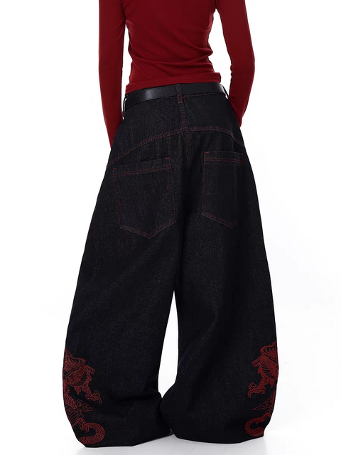 Dragon Embroidered Baggy Heavy Denim Jeans
