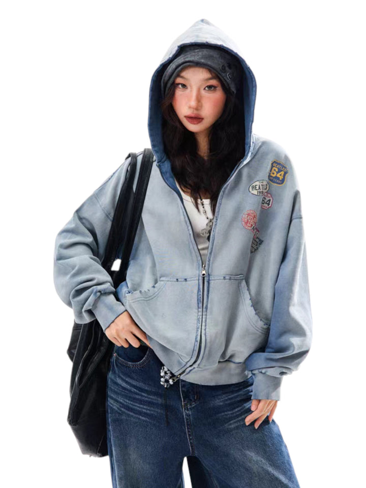 GKIKZ VINTAGE BADGE-PRINT DISTRESSED JACKET