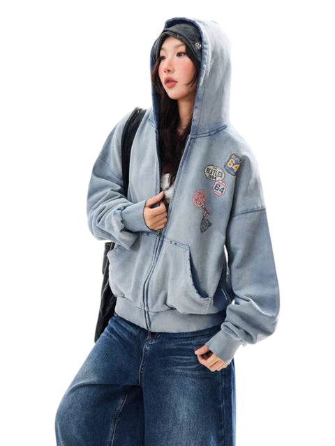 Vintage Badge-Print Distressed Jacket