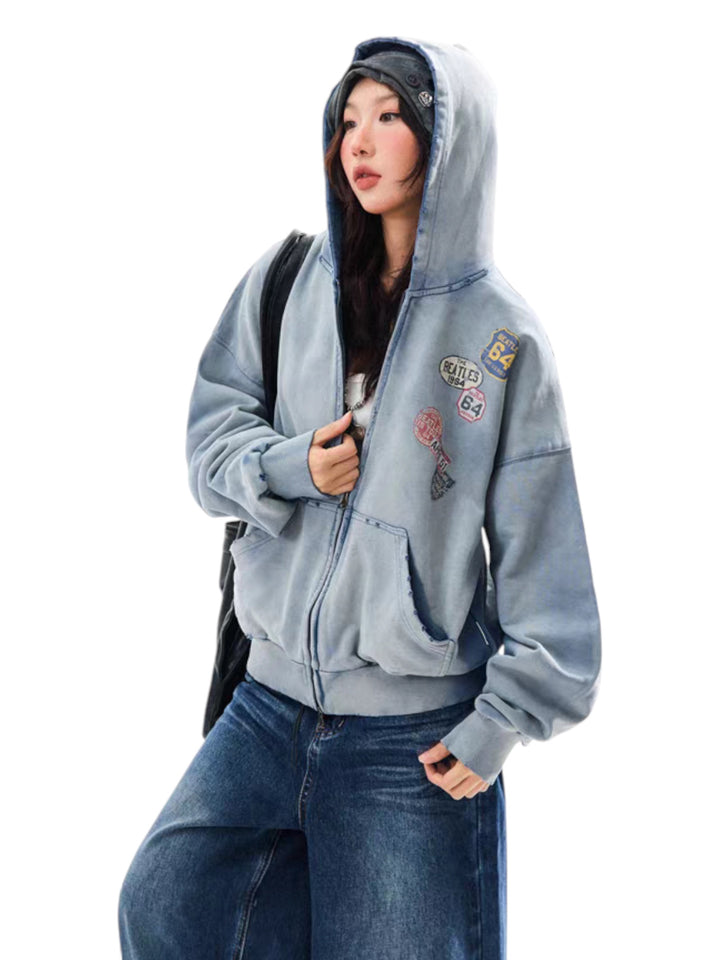 GKIKZ VINTAGE BADGE-PRINT DISTRESSED JACKET