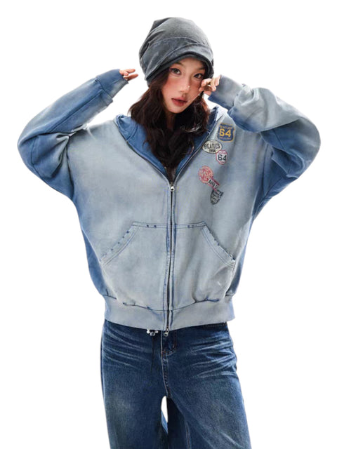 Vintage Badge-Print Distressed Jacket