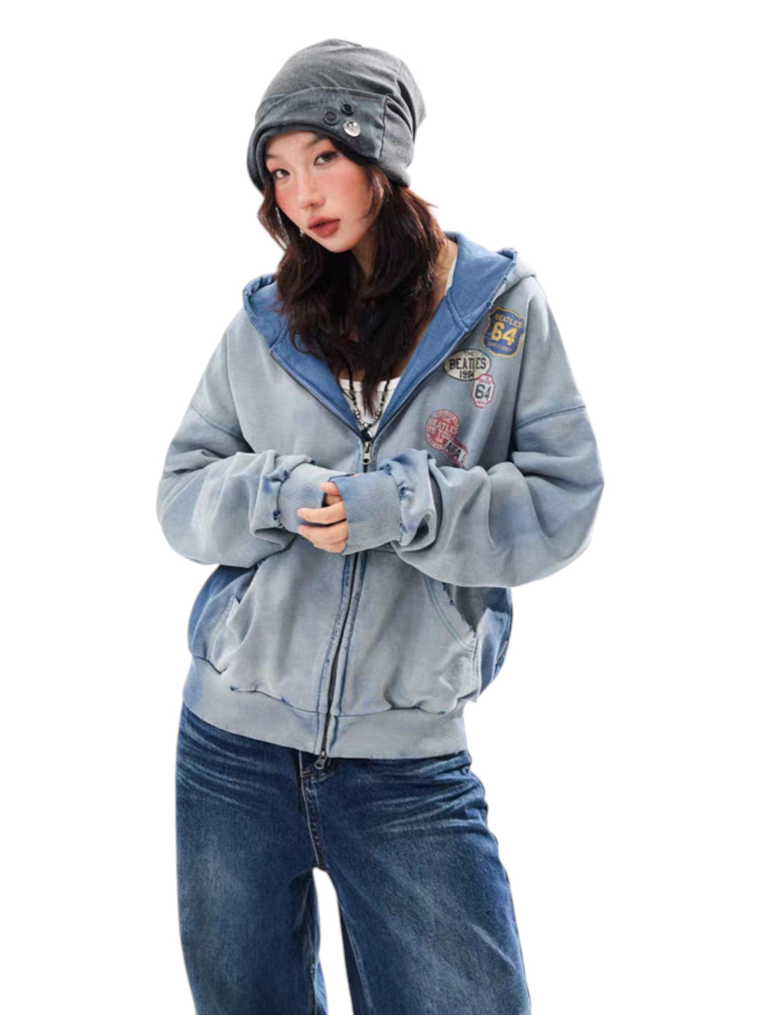 GKIKZ VINTAGE BADGE-PRINT DISTRESSED JACKET