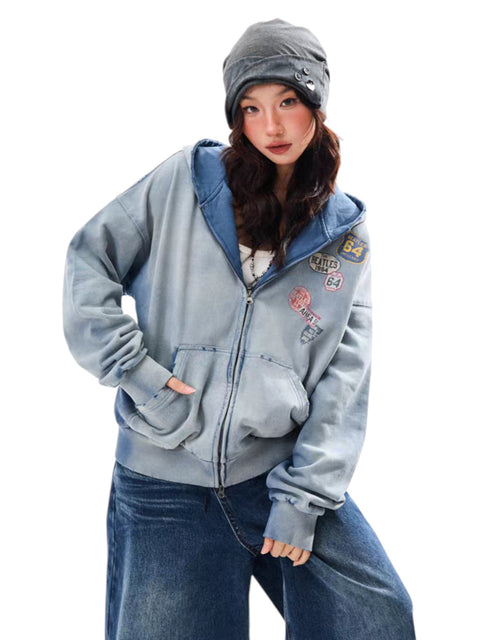 Vintage Badge-Print Distressed Jacket