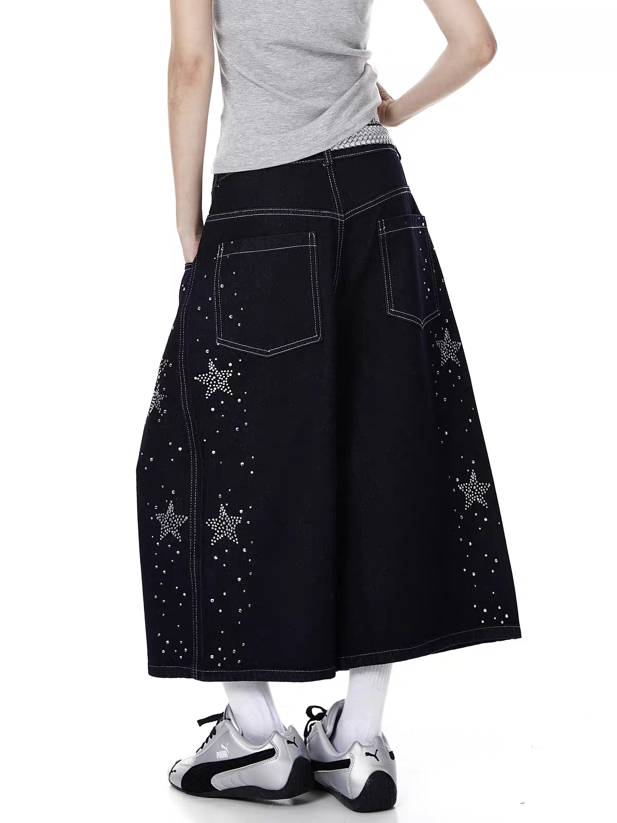 GKIKZ STAR RHINESTONE CAPRI DENIM JORTS