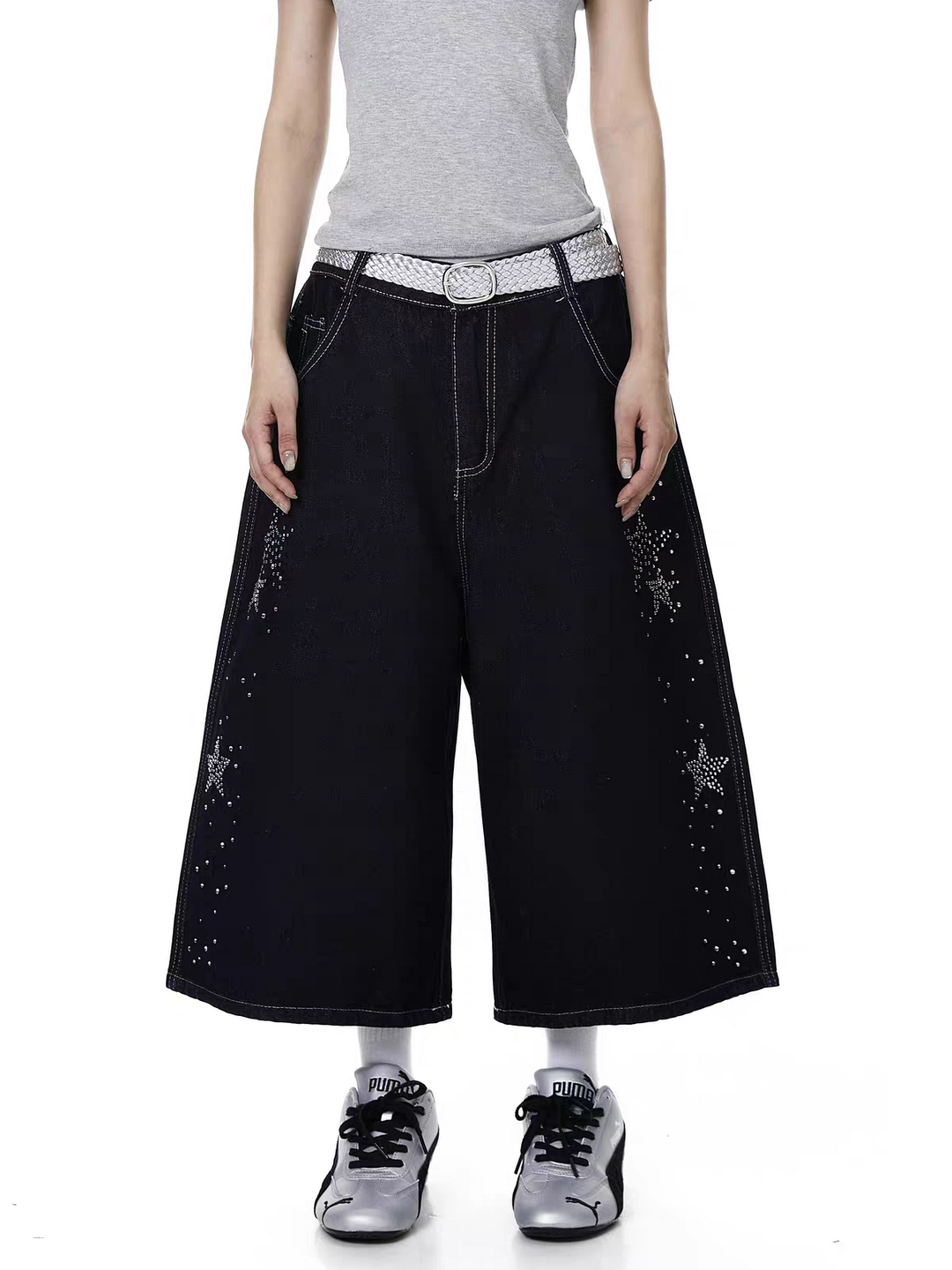Star Rhinestone Capri Denim Jorts