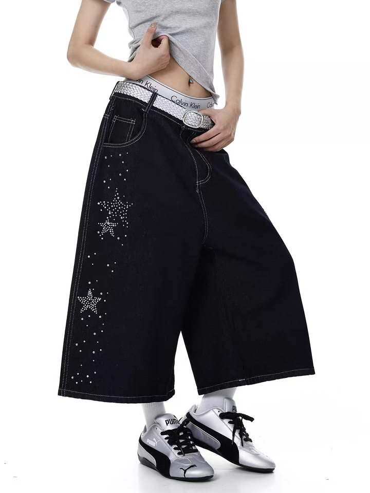 Star Rhinestone Capri Denim Jorts