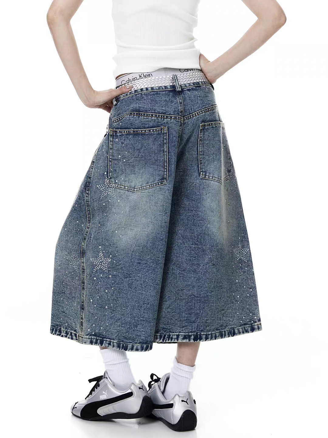 Star Rhinestone Capri Denim Jorts